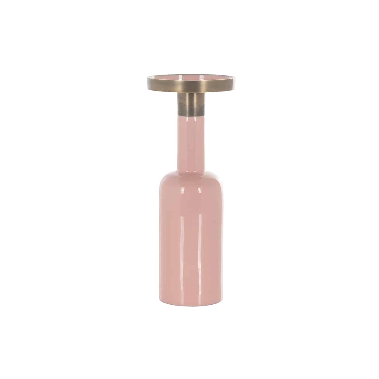 Kerzenständer Esra groß pink von Richmond; im Design einer rosa Flasche mit langem Hals, auf dem ein goldener Kerzenteller angebracht ist.