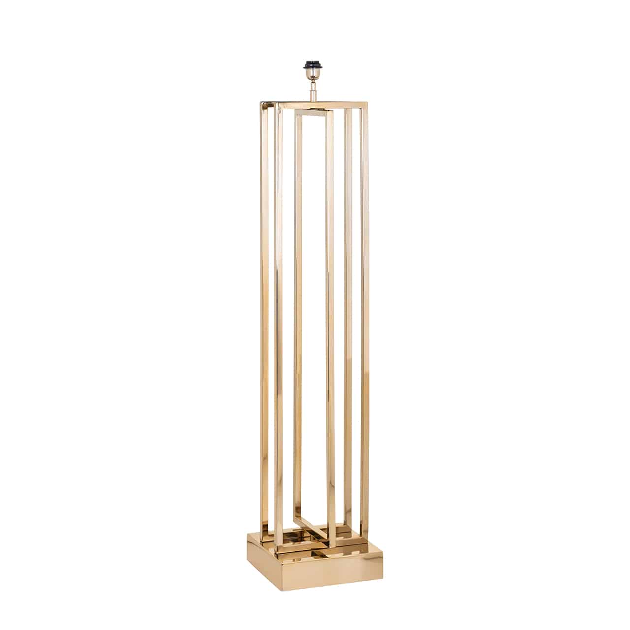 Stehlampe/Lampenfuß aus goldenem Edelstahl, bestehend aus einem quadratischem Sockel, darauf drei hohe, über Kreuz stehende Metallrahmen.