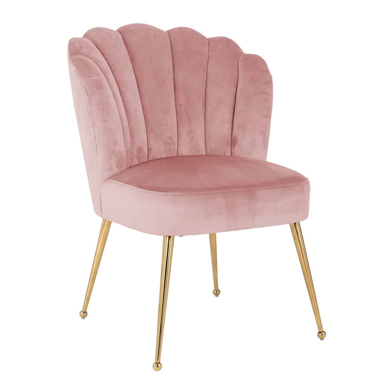 Stuhl aus rosa Samt, Sitzfläche und Rückenlehne dick gepolstert, oben mit leichter Rundung, sechs mal vertikal gesteppt; goldene Beine leicht nach außen gestellt, nach unten schmal zulaufend und mit einem Knopf versehen.