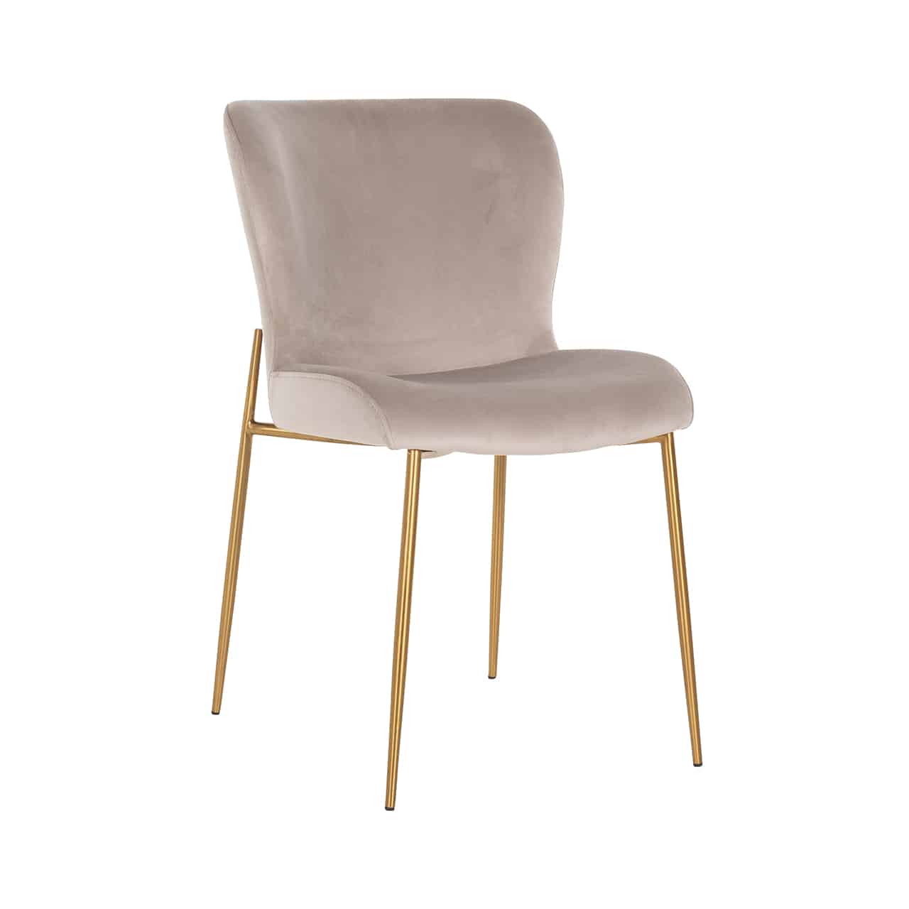 Vollpolsterstuhl mit einem Bezug aus khakifarbenem Samt; auf einem goldenen Gestell mit dünnen Beinen, darauf eine leicht ergonomisch geformte Sitzschale ohne Armlehnen.