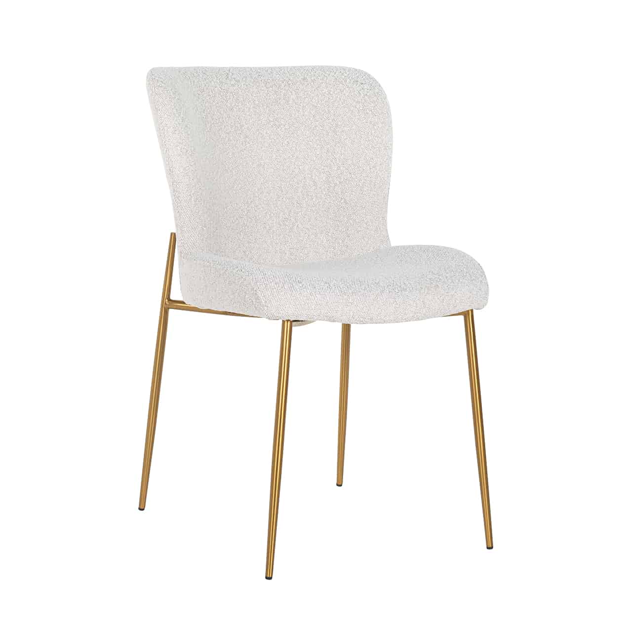 Vollpolsterstuhl mit einem Bezug aus weißem Bouclé; auf einem goldenen Gestell mit dünnen Beinen, darauf eine leicht ergonomisch geformte Sitzschale ohne Armlehnen.
