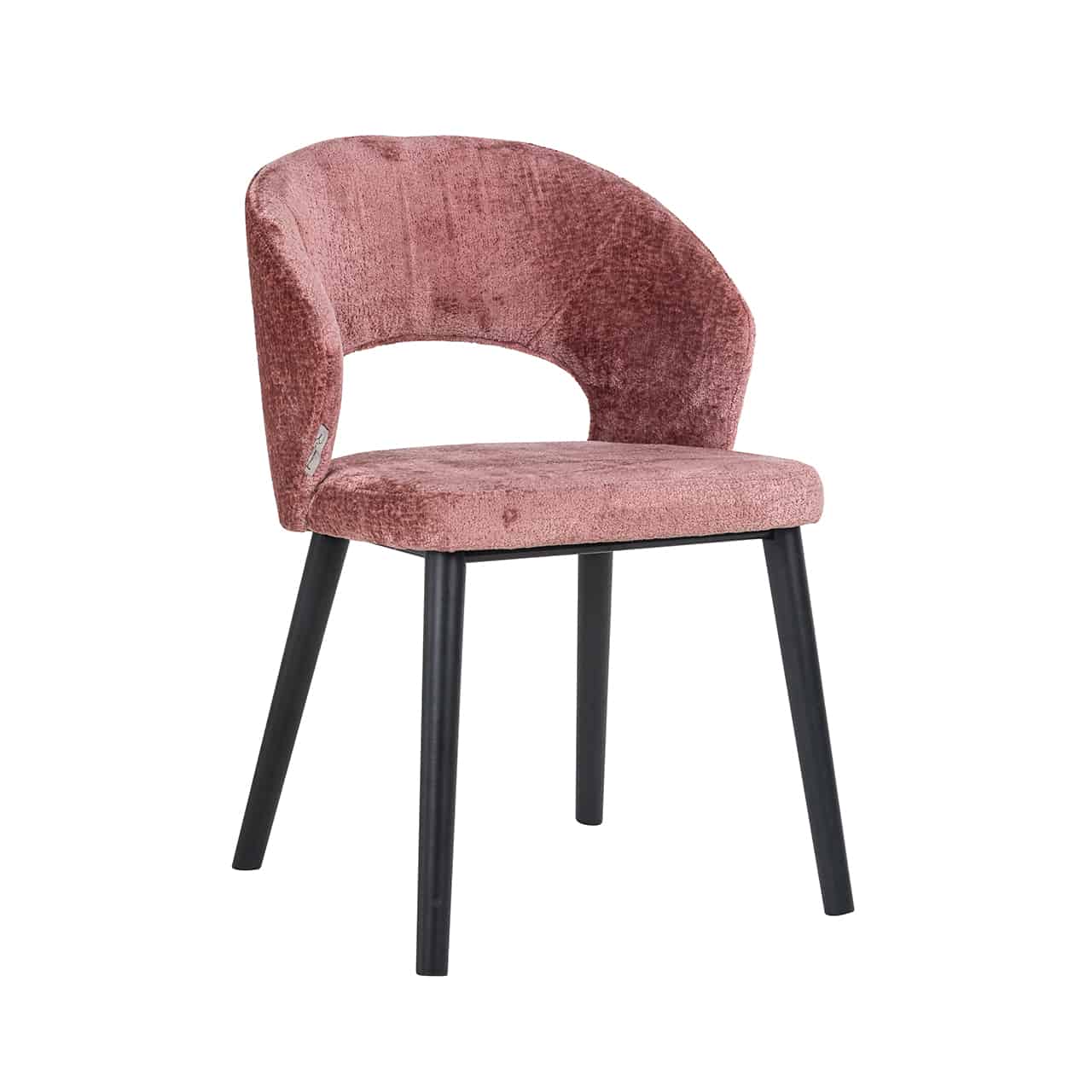 Vollpolsterstuhl mit leicht nach außen gestellten, kräftigen Beinen in schwarz; bezogen mit flauschigem, rosa Chenille; halbrunde Rückenlehne mit breiter bogenförmiger Öffnung.