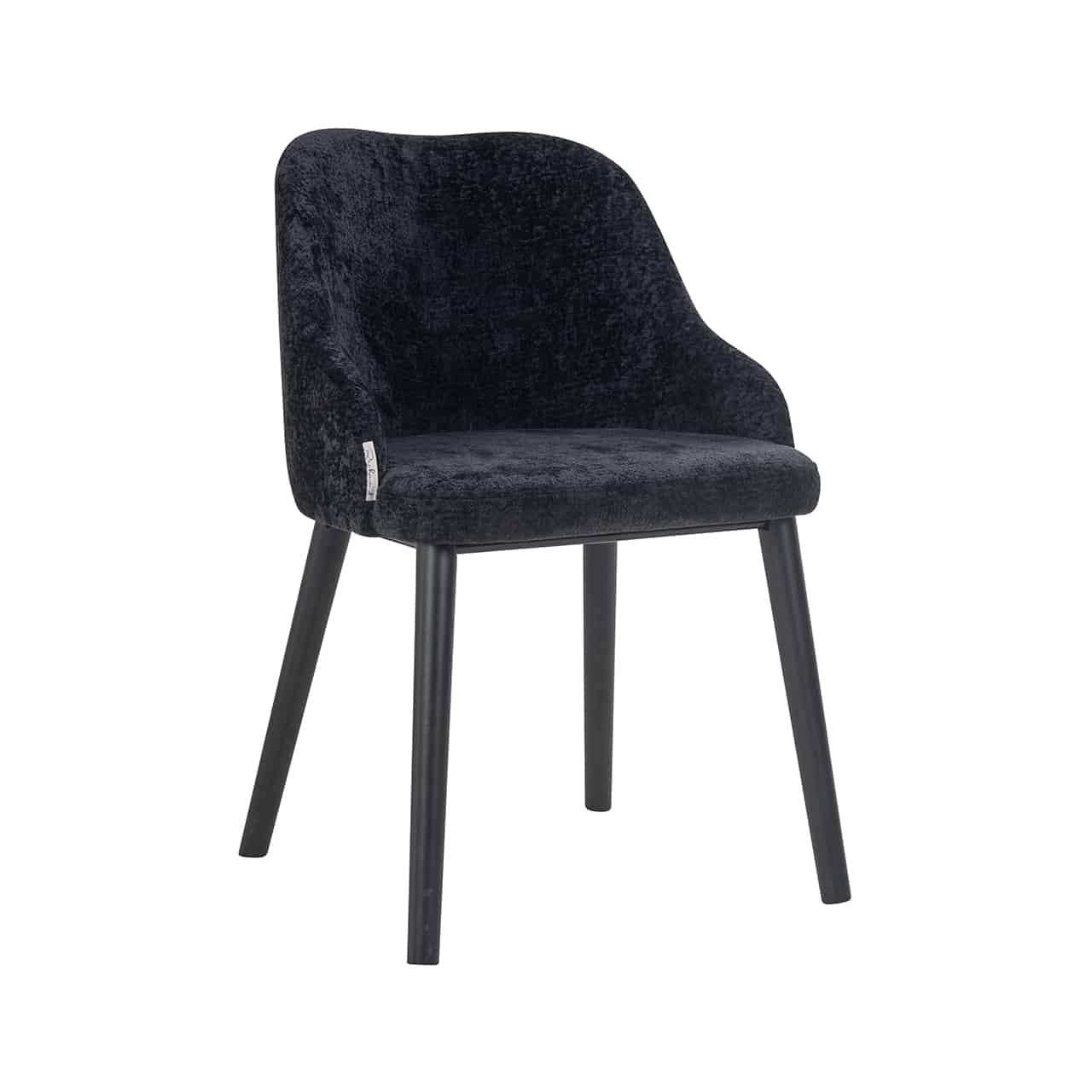 Vollpolsterstuhl mit schwarzem, flauschigem Chenille bezogen; runde Rückenlehne mit angedeuteten Armstützen; kräftige, leicht nach außen stehende, schwarze Beine.