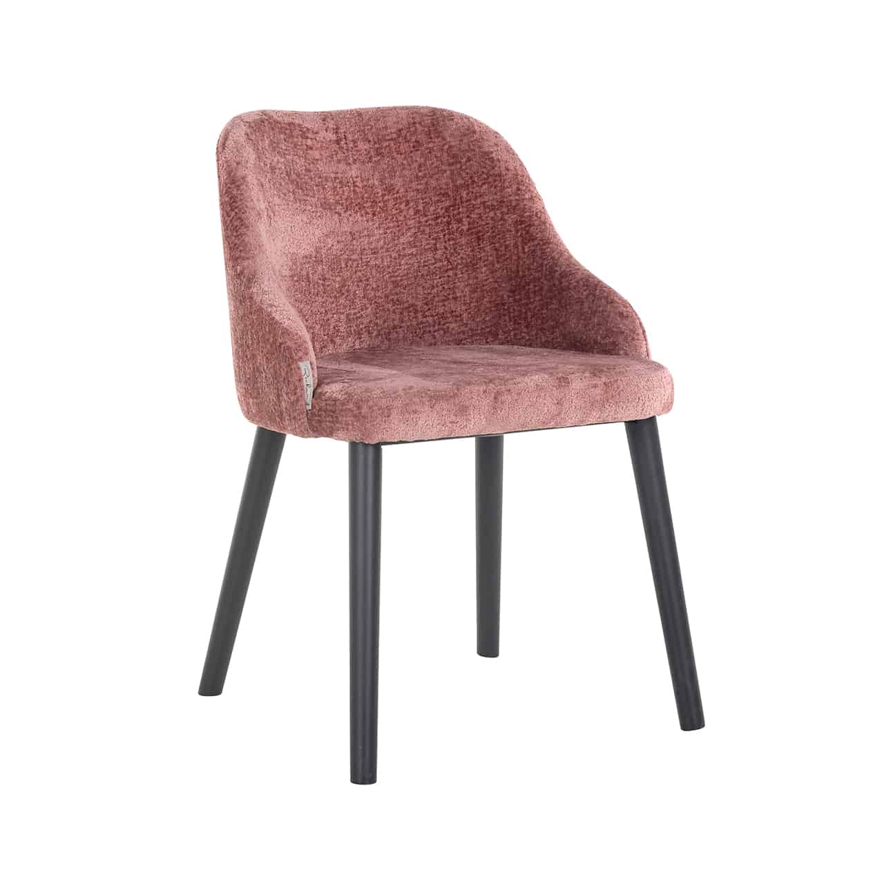 Vollpolsterstuhl mit flauschigem rosa Chenille bezogen; runde Rückenlehne mit angedeuteten Armstützen; kräftige, leicht nach außen stehende, schwarze Beine.