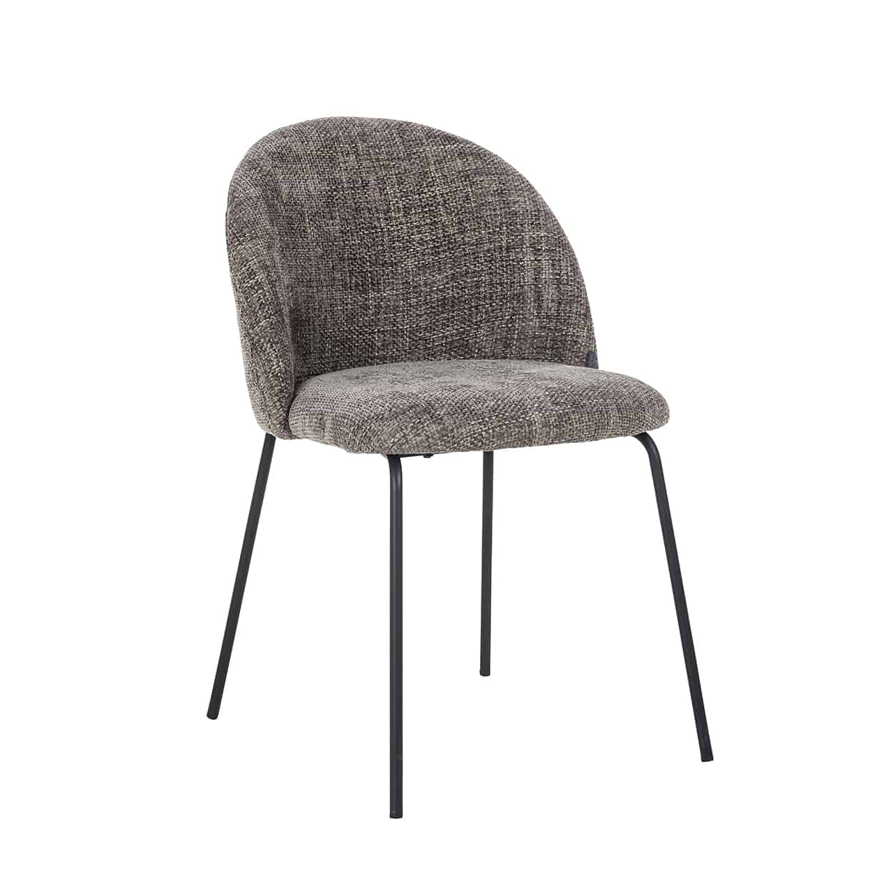 Alyssa, grau-brauner Stuhl von Richmond mit einer voll gepolsterten Stizschale mit runder Lehne auf einem Gestell mit dünnen, schwarzen, leicht nach außen gestellten Beinen.