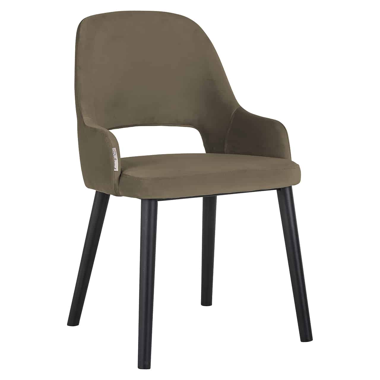 Grau-güner Stuhl, mit angedeuteten Armlehnen  und offenem Spalt im unteren Bereich der Rückenlehne; relativ dicke, leicht nach außenstehende runde Beine in schwarz.