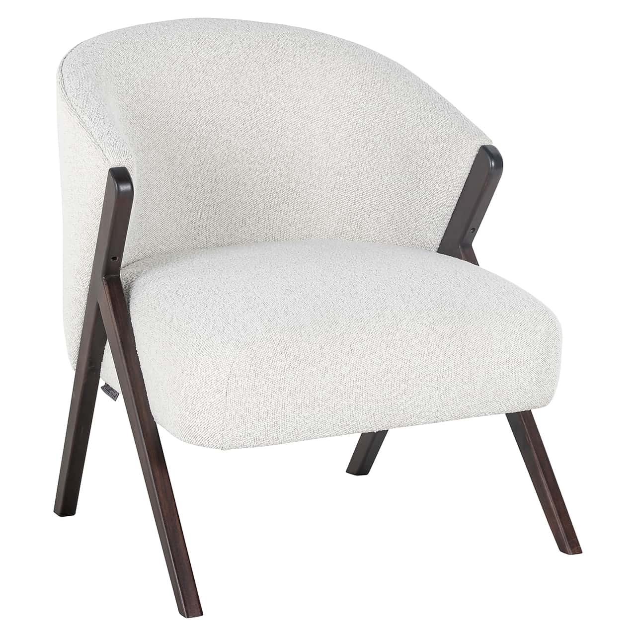 Moderner Sessel mit an der Außenseite angebrachten, schräg gestellten Beinen aus dunklem Buchenholz, breite, gepolsterte  Sitzfläche und runde, etwas nach oben gezogene, auch gepolsterte Lehne; Bezug aus weißem Bouclé.
