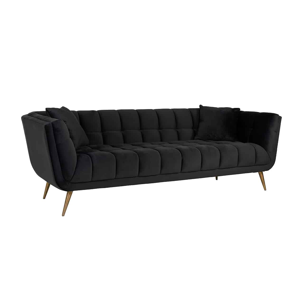 Modernes Sofa in anthrazit mit umlaufender Lehne, Innenseite mit quadratischer, Steppung; in beiden Ecken je ein quadratisches Kissen; Beine in matt gold, leicht nach außen stehend und nach unten spitz zulaufend.