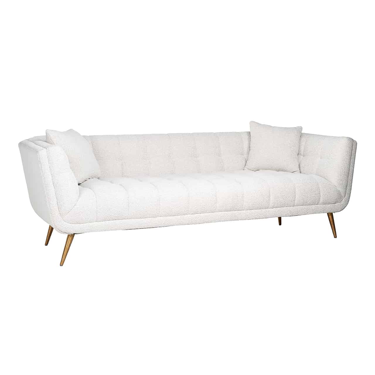 Modernes Sofa in weiß mit umlaufender Lehne, Innenseite mit quadratischer, Steppung; in beiden Ecken je ein quadratisches Kissen; Beine in matt gold, leicht nach außen stehend und nach unten spitz zulaufend.