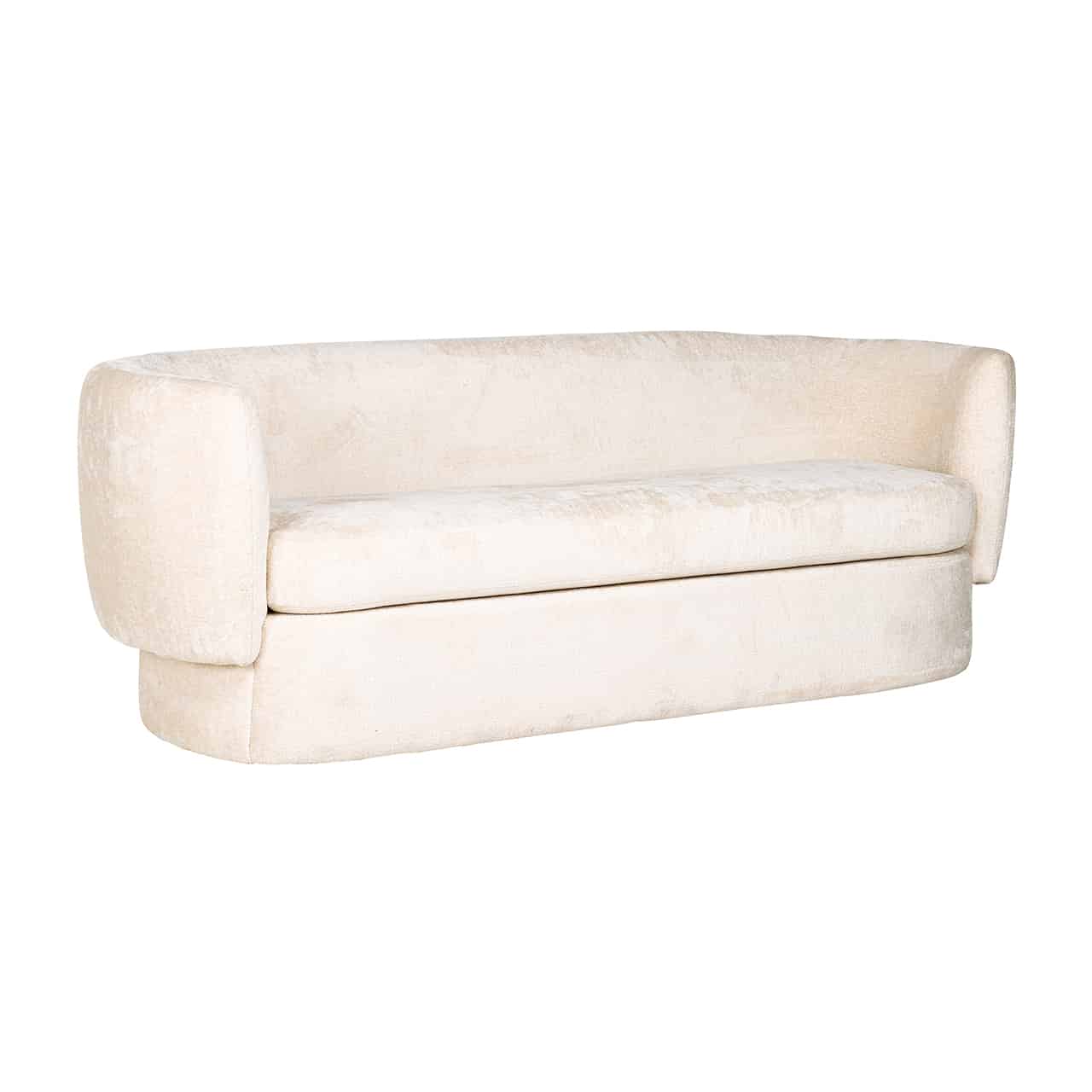 Modernes, weißes Sofa; auf einem langen, ovalen Sockel ein dickes, durchlaufendes Sitzpolster, umgeben von einer runden, umlaufenden Lehne. 