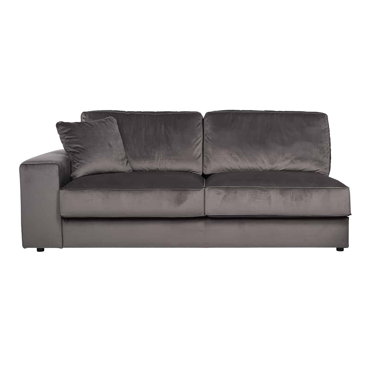 Modernes Sofa, Modul Arm links, mit khakifarbenem, glänzenden Bezug; gerade, niedrige Armlehne; zwei dicke Sitz,- und Rückenpolster, ein quadratisches Kissen in der Ecke.