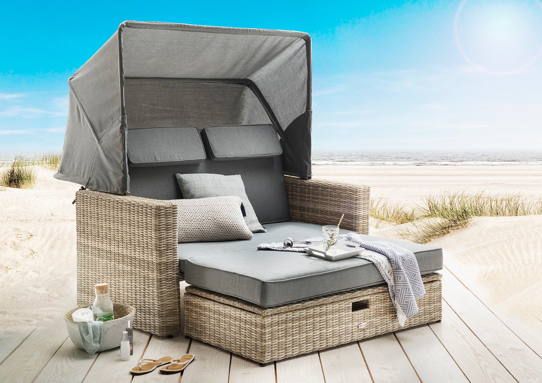 FERRARA | Multifunktions-Lounge Sonneninsel 2 Personen Polster abnehmbares Dach white wash | 1a-zuhause