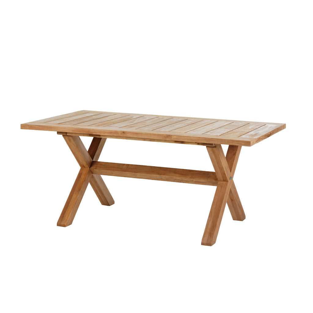 Hochwertiger, rechteckiger Tisch aus recyceltem altem Teakholz, besonders stabil durch seine gekreuzten Beinen und einer Querstrebe; Beine mit Schraubfüßen für Niveauausgleich.