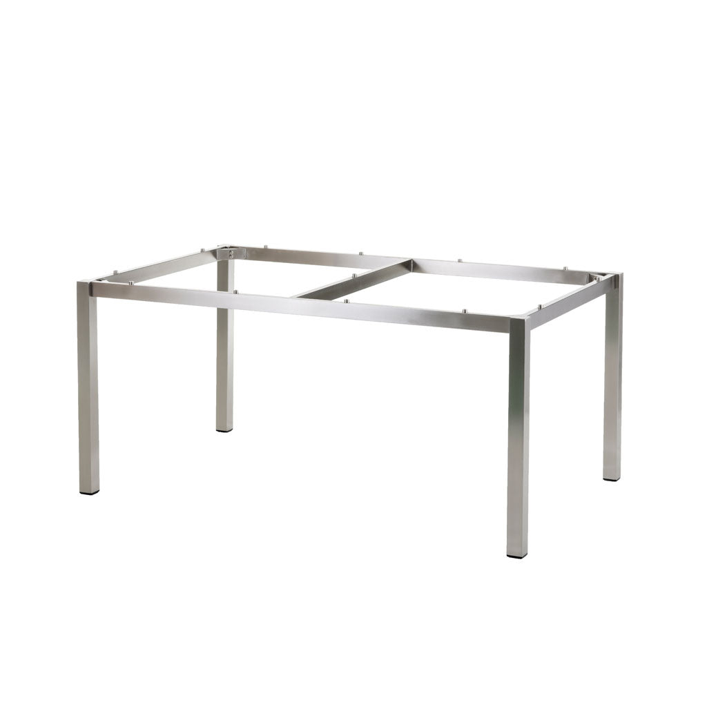 Rechteckiges Hochwertiges Edelstahlgestell /Typ304 frei kombinierbar mit einer DiGa Compact Tischplatte (HPL), oder einer Recycled Teak Tischplatte 3 Planken mit umlaufender Unterfase an der Tischkante.