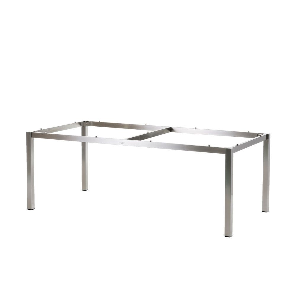 Rechteckiges Hochwertiges Edelstahlgestell /Typ304 frei kombinierbar mit einer DiGa Compact Tischplatte (HPL), oder einer Recycled Teak Tischplatte 3 Planken mit umlaufender Unterfase an der Tischkante.